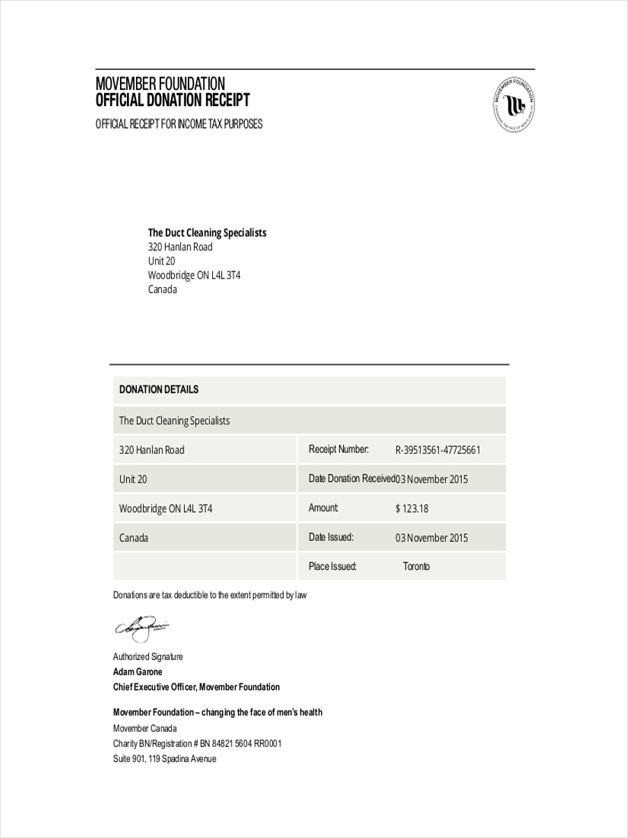 receipt for official donation