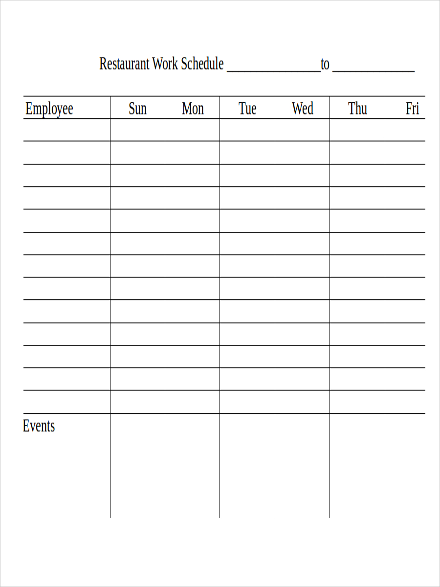 Restaurant Work Schedule Template Free