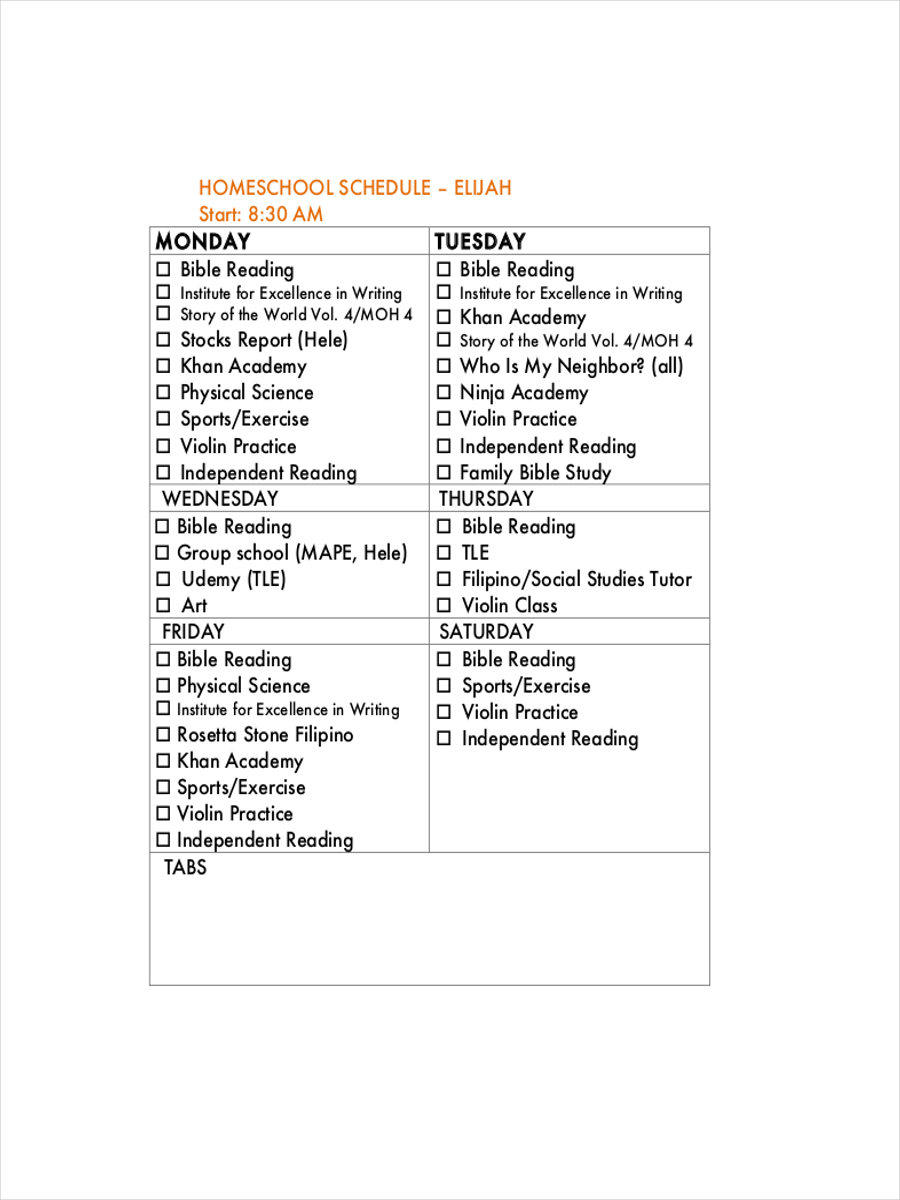 revised homeschool schedule