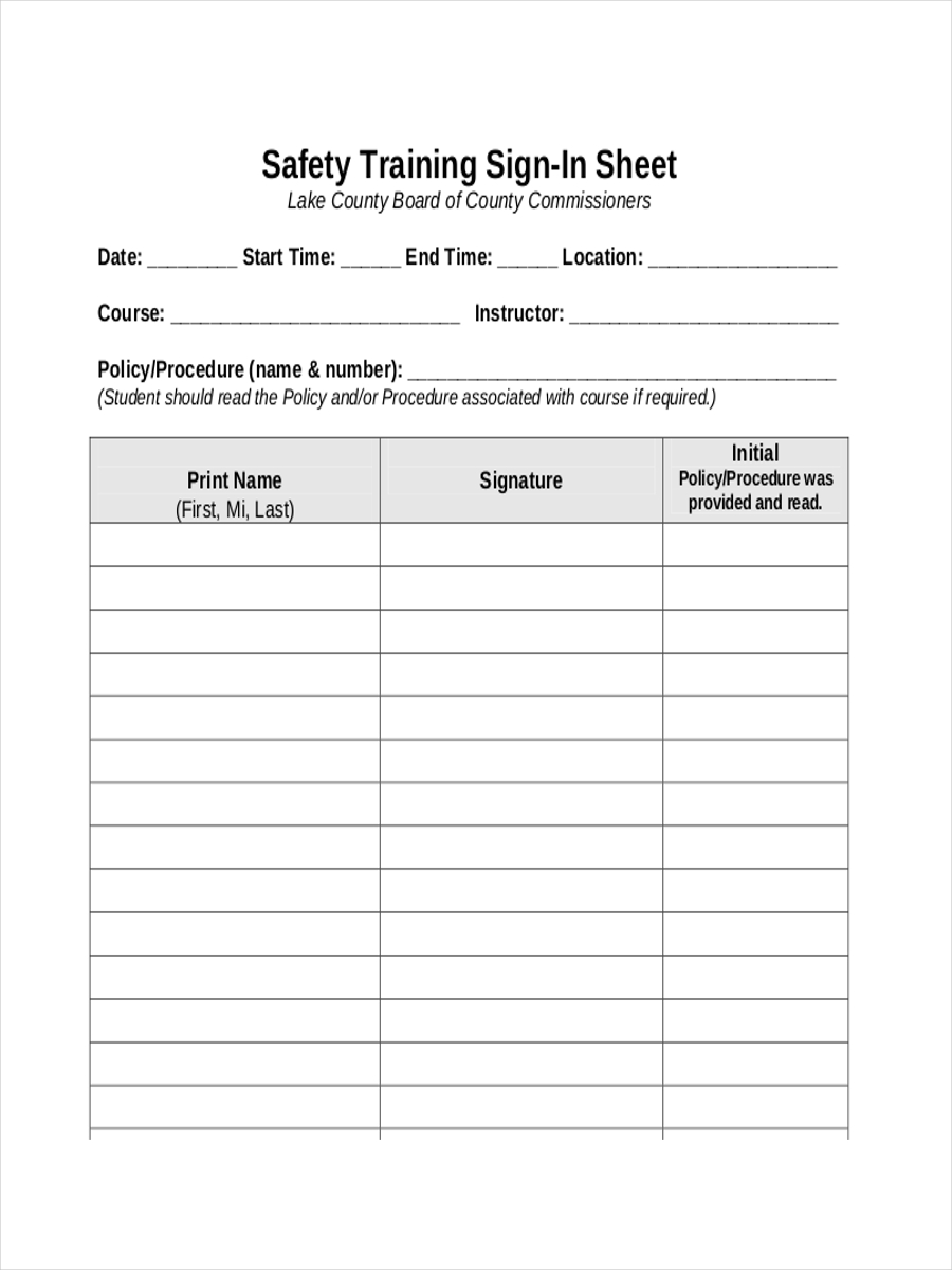 Safety Training Sign In Sheet1
