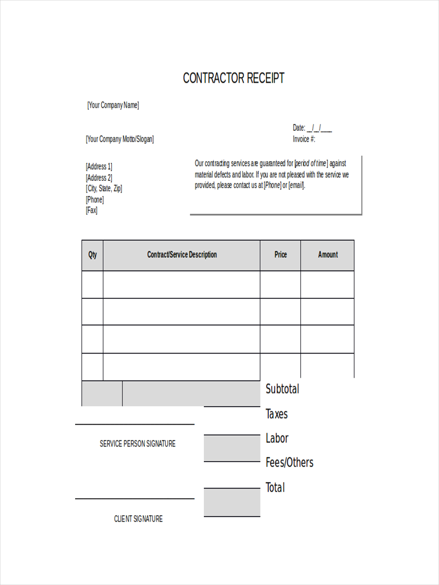 Sample Contractor Receipt