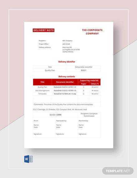 Sample Delivery Note Template