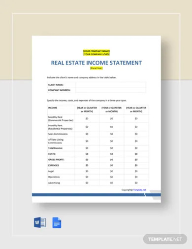 sample real estate income statement template