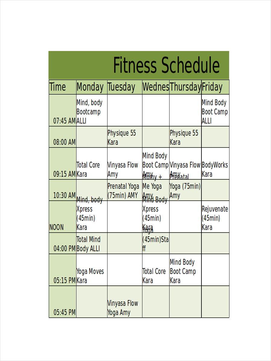 Lifetime Fitness Schedule Examples and Forms