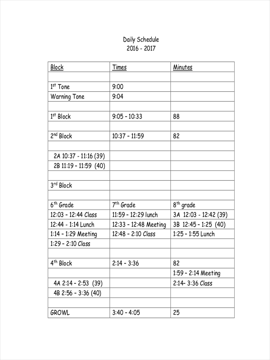 Schedule for Middle School