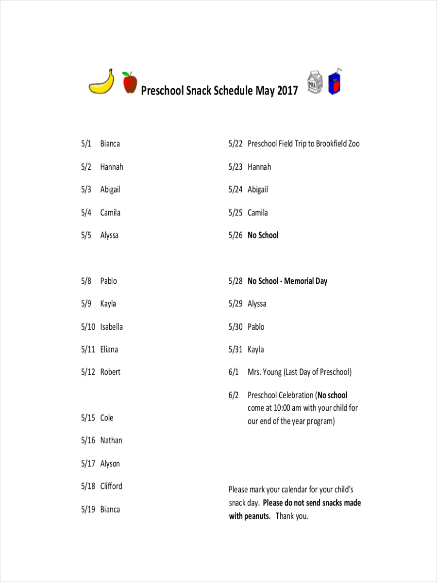 Schedule for Preschool Snack