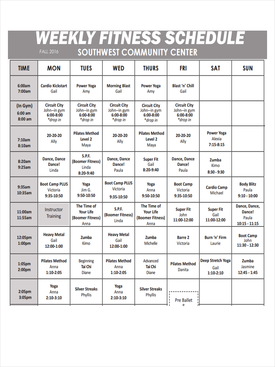 Fitness Schedule Examples - 10+ Samples in PDF | Google Docs | Google ...
