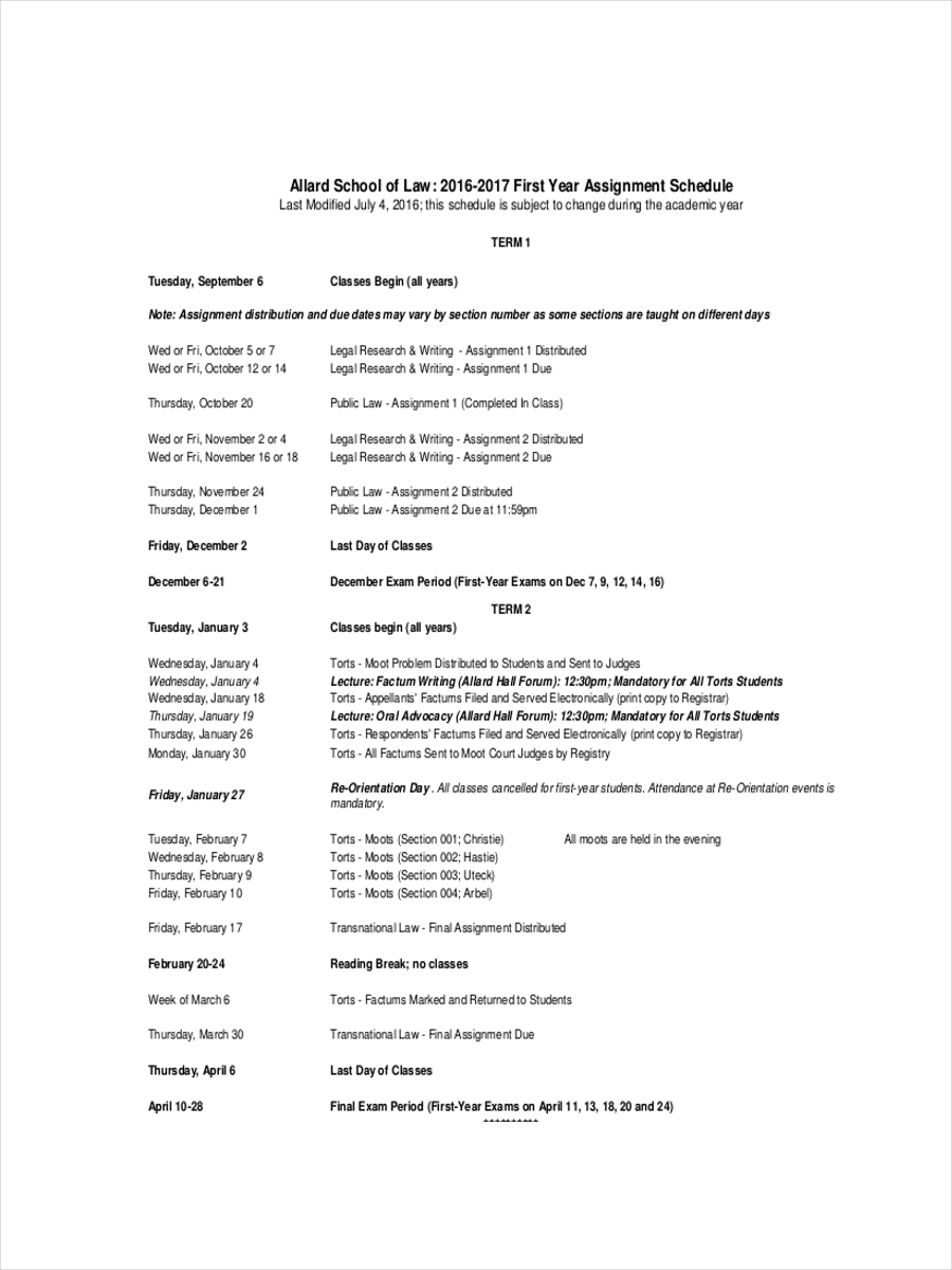 Assignment Schedule - 8+ Examples, Format, Pdf | Examples
