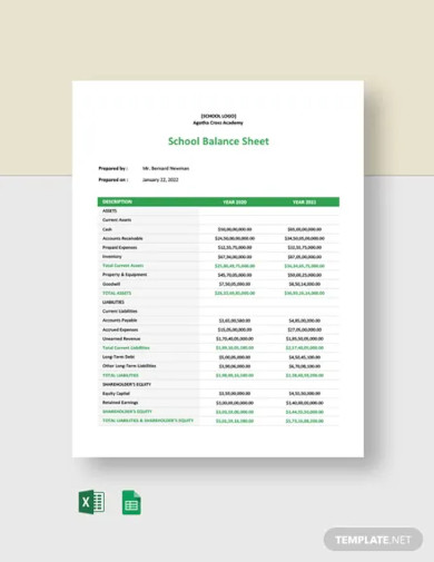 school balance sheet template
