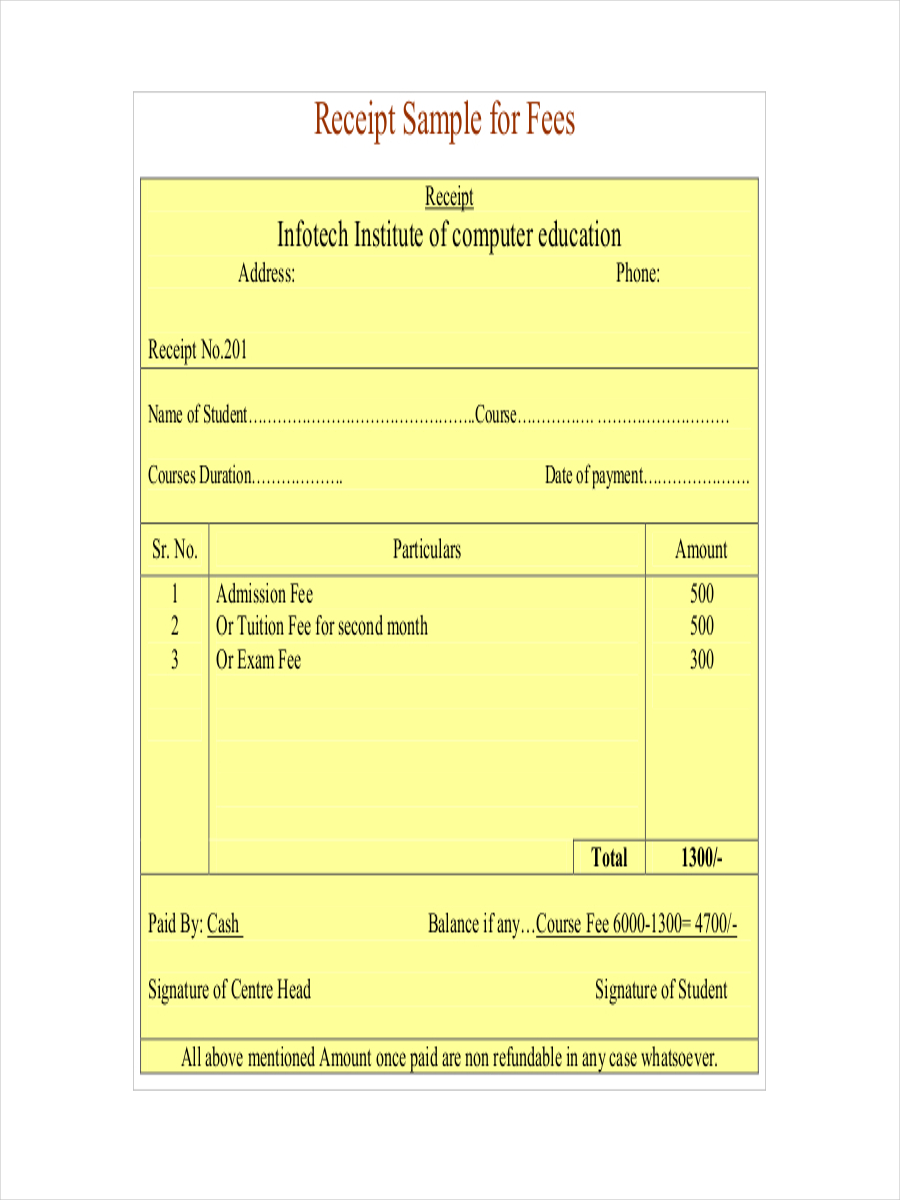 School Fee Receipt Template In Excel