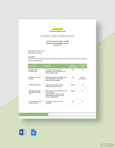 school risk assessment template