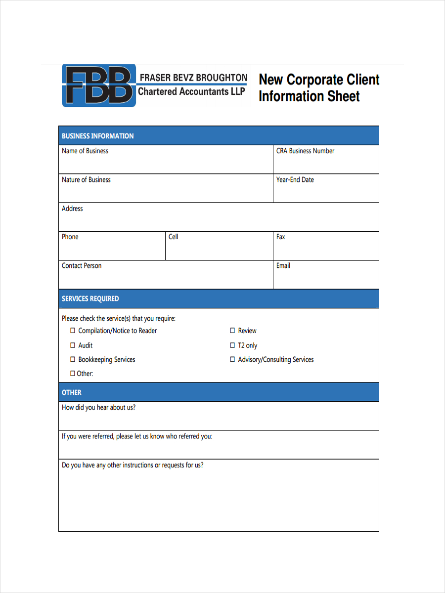 sheet for corporate client information