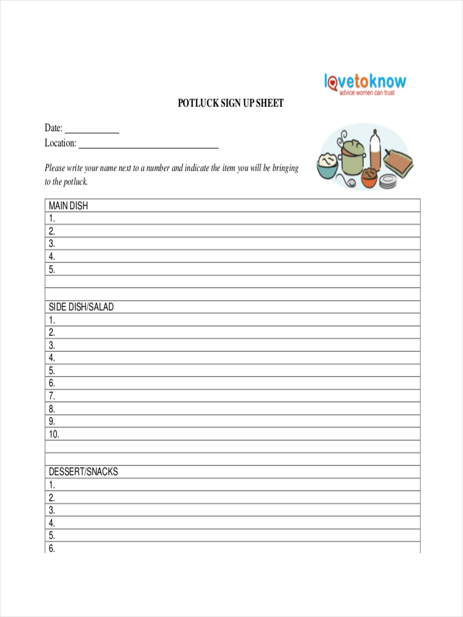 Sign Up Sheet for Potluck