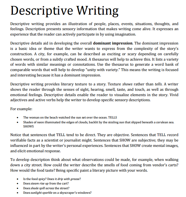 descriptive writing samples pdf