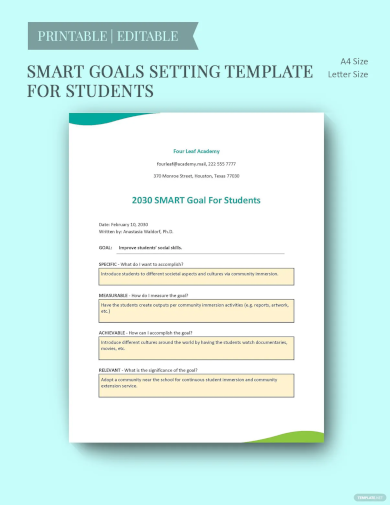 smart goals setting template for students
