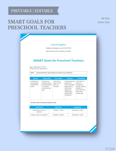 smart goals template for preschool teachers