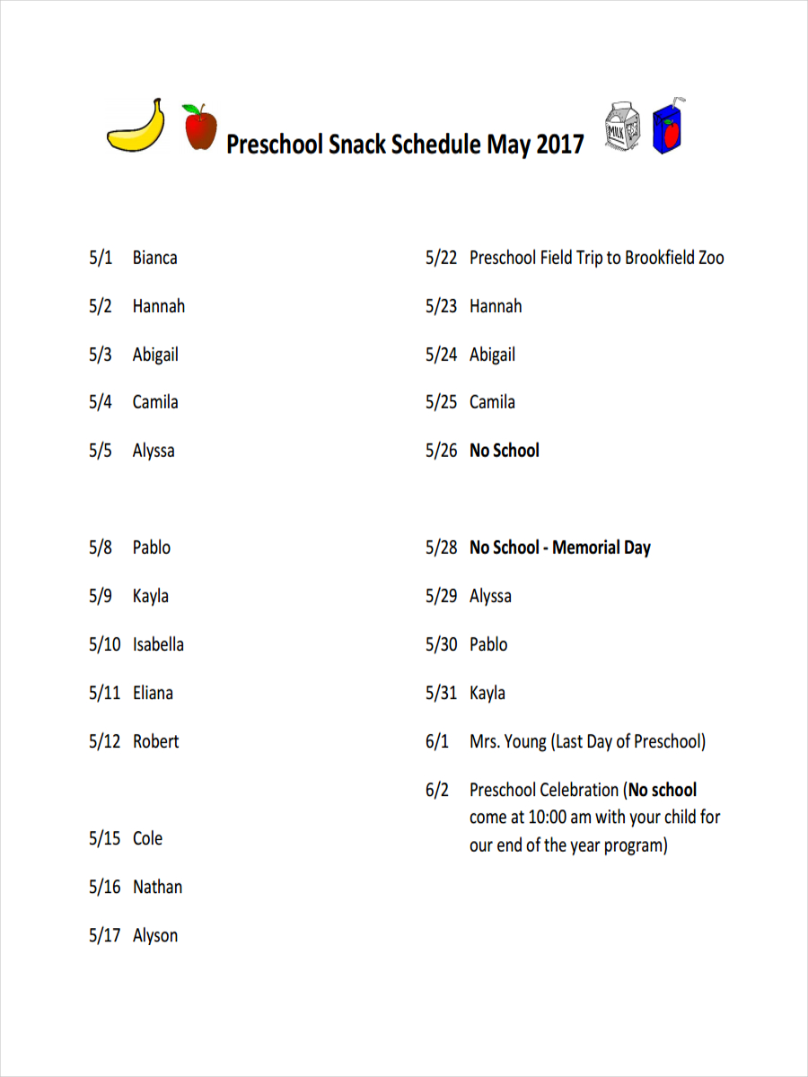 FREE 8+ Snack Schedule Examples & Samples in PDF | Examples