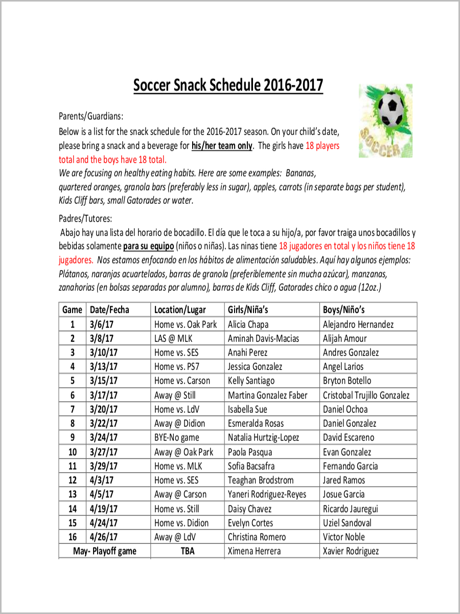 soccer snack schedule