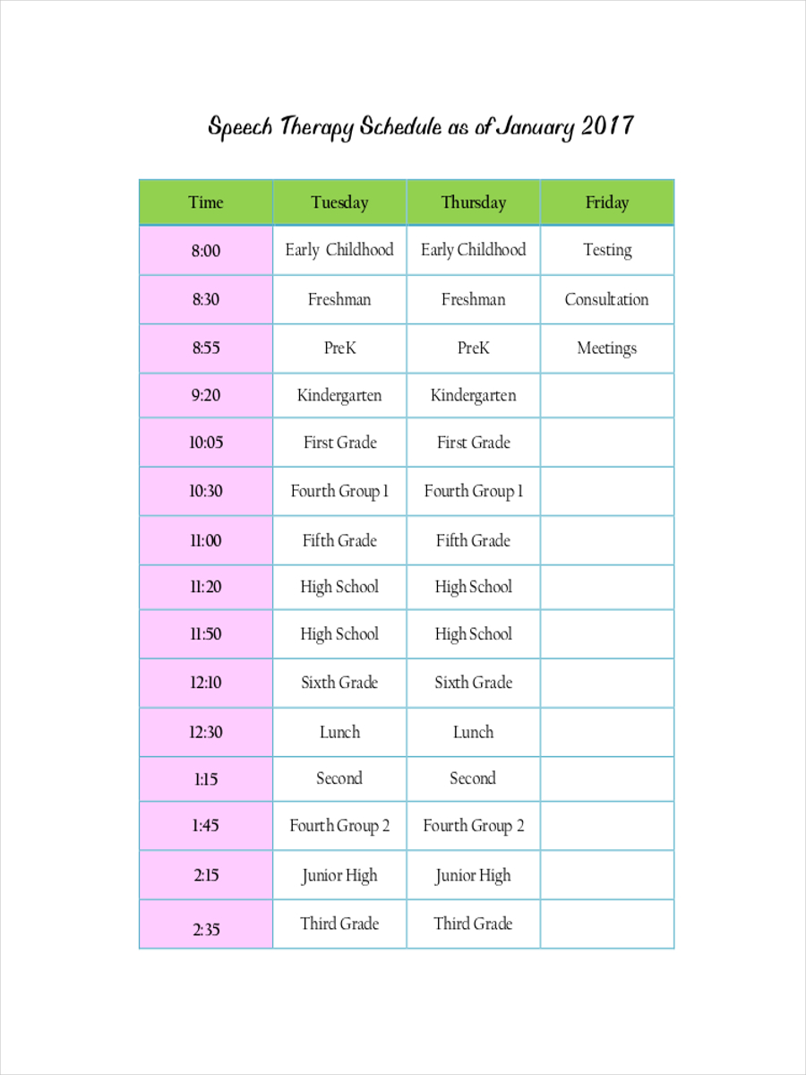 Speech Therapy Schedule Example
