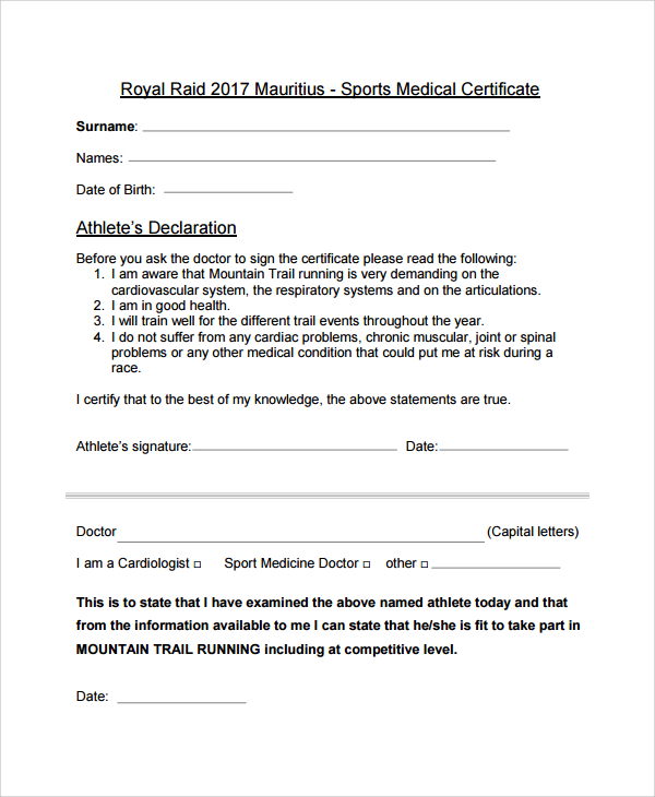 sports medical certificate