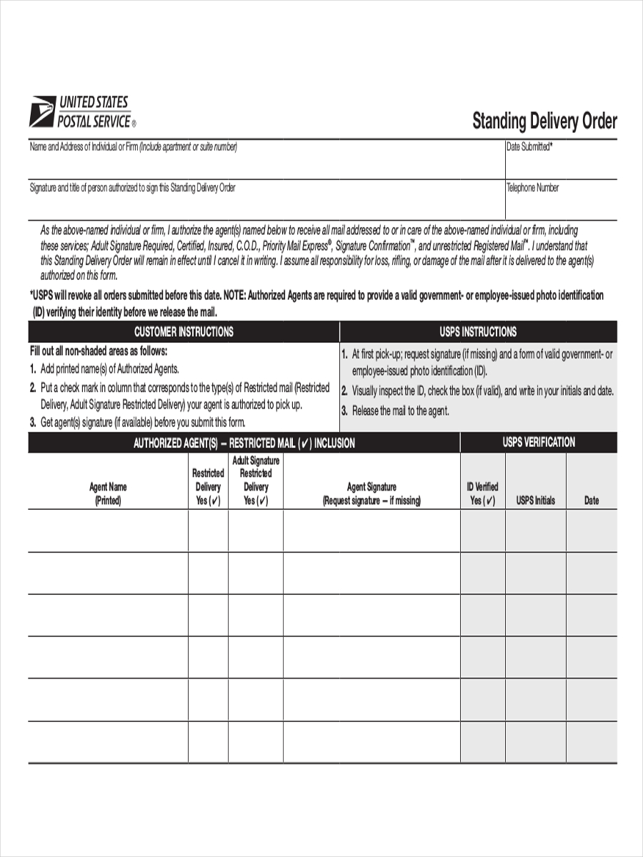 standing delivery sample order