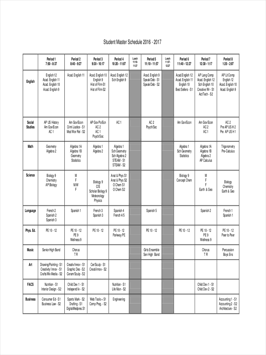 student master schedule example