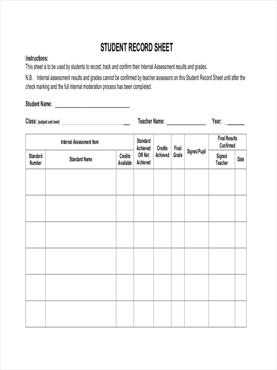 Recording Sheet For Students