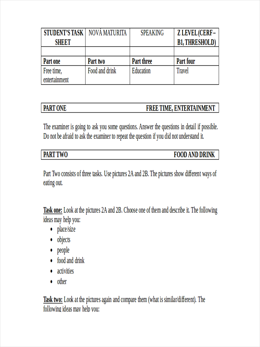Task Sheet of Student