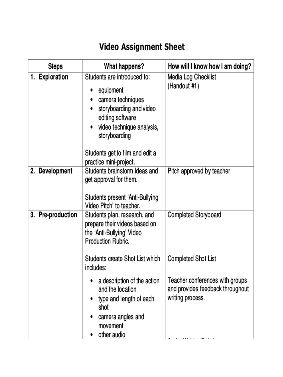 Video Assignment Sample Sheet