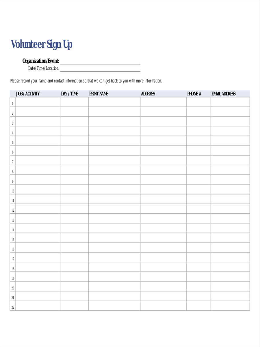 volunteer sign up sheet template editable
