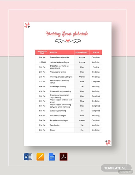 wedding event schedule template