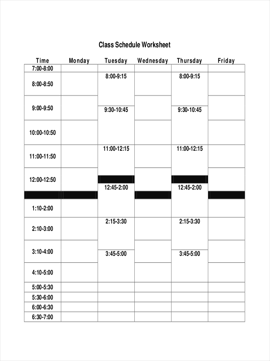 weekly class schedule example