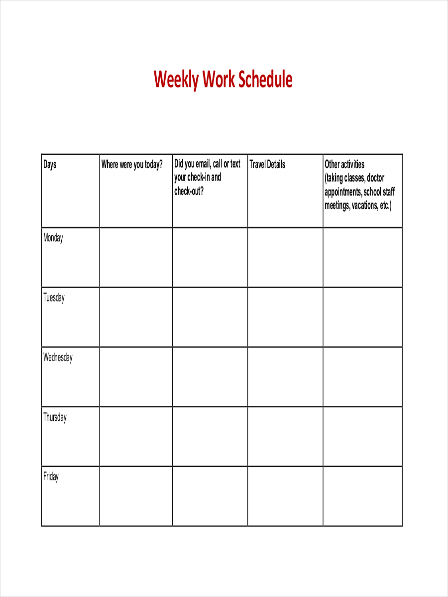 Weekly Work Schedule Chart