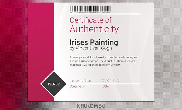 authenticity certificate