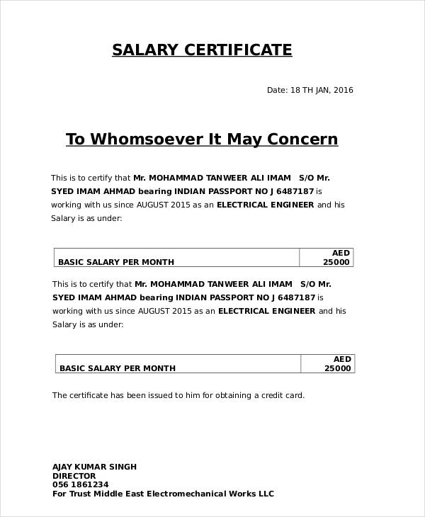 printable salary certificate example
