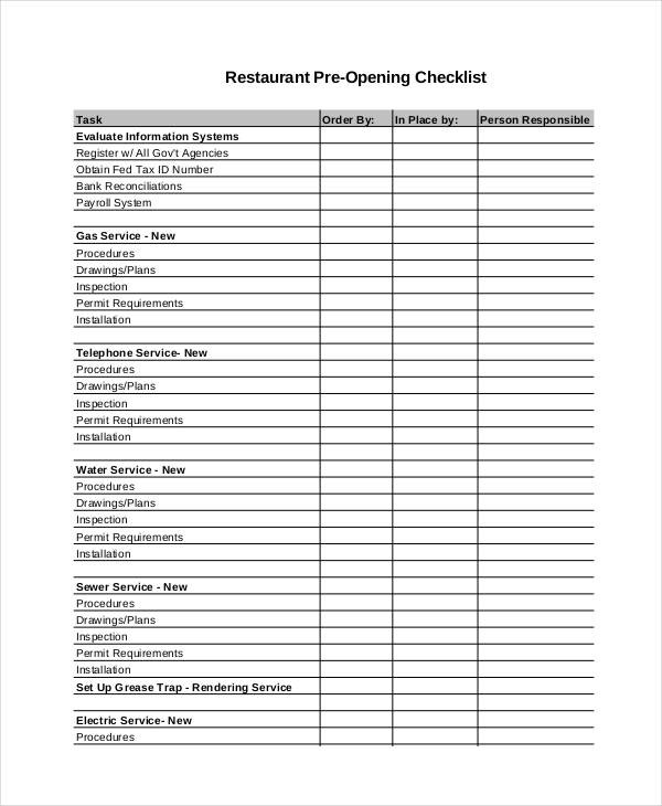 restaurant opening inventory checklist