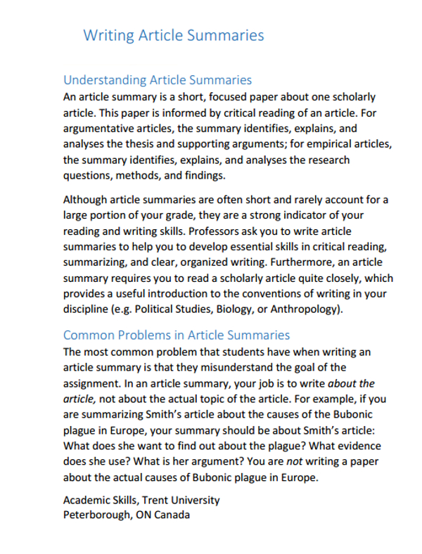 how to write summary of an article sample