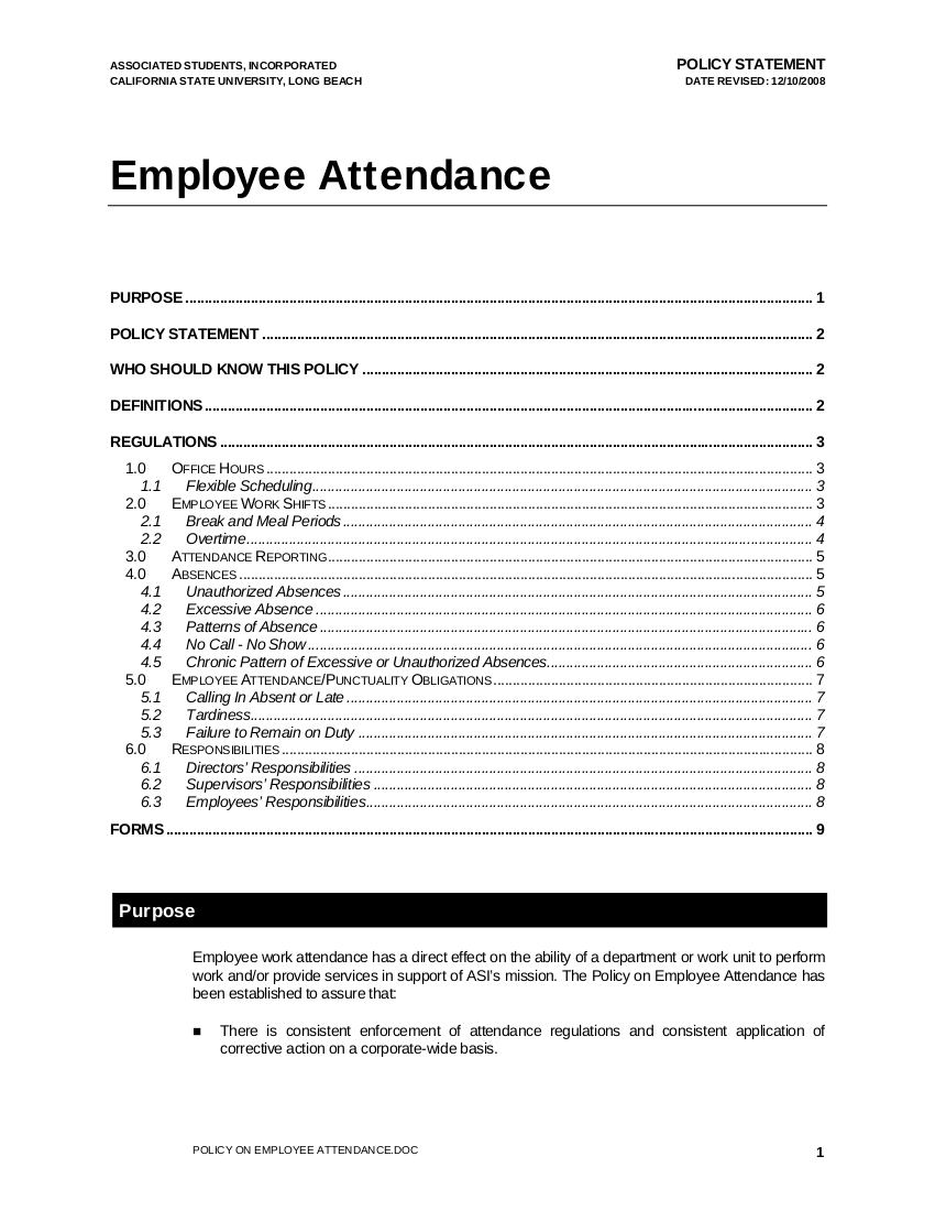 1 Policy on Employee Attendance