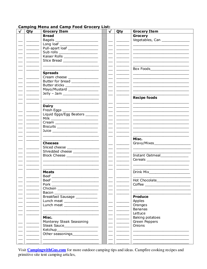 16 Blank Camp Food Grocery List