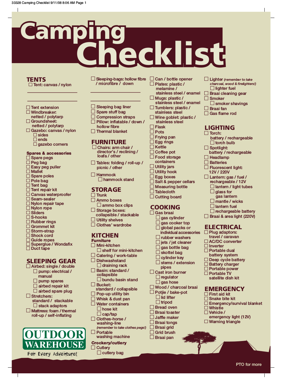 Camping Checklist - Examples, Format, Pdf | Examples