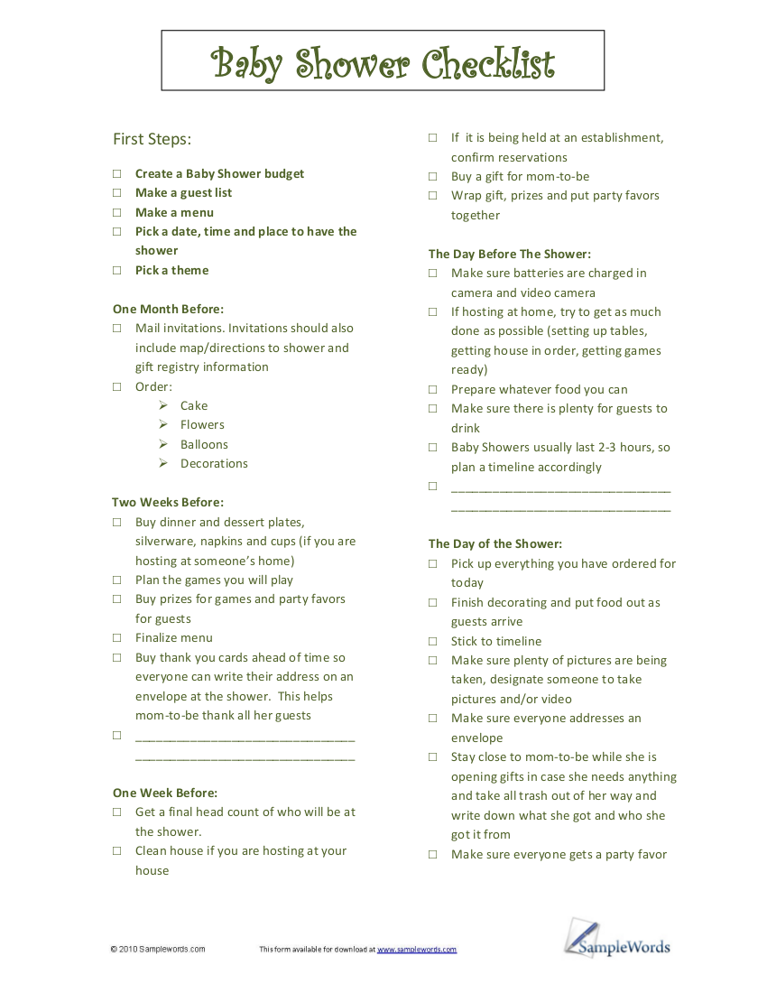 9 Baby Showers Checklist Examples Samples Examples