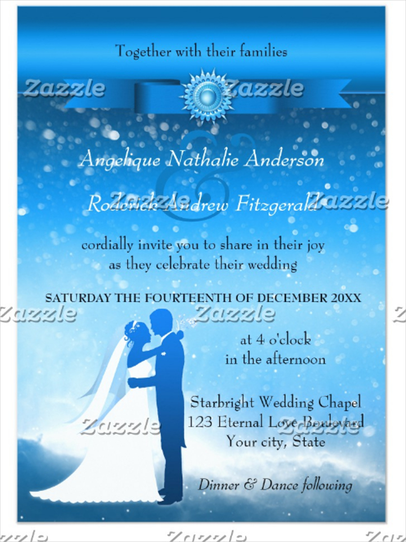 blue winter sparkling snow wedding invitation