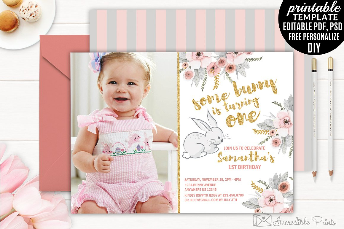 bunny first birthday invitation design
