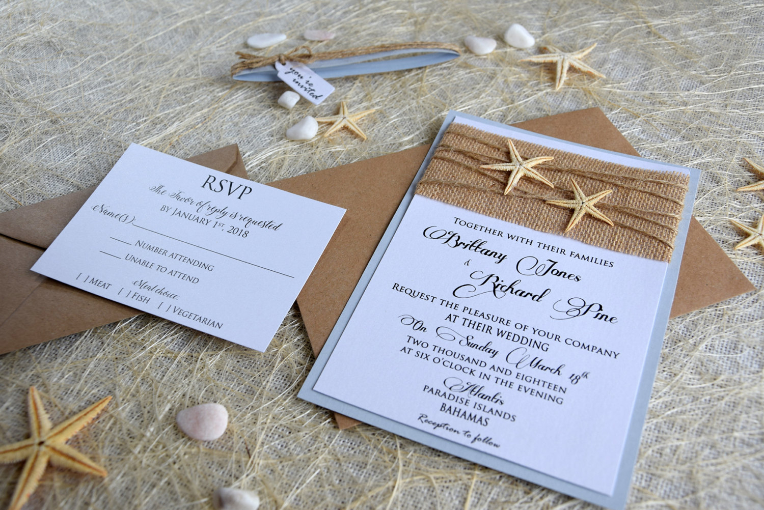 burlap beach wedding invitation design