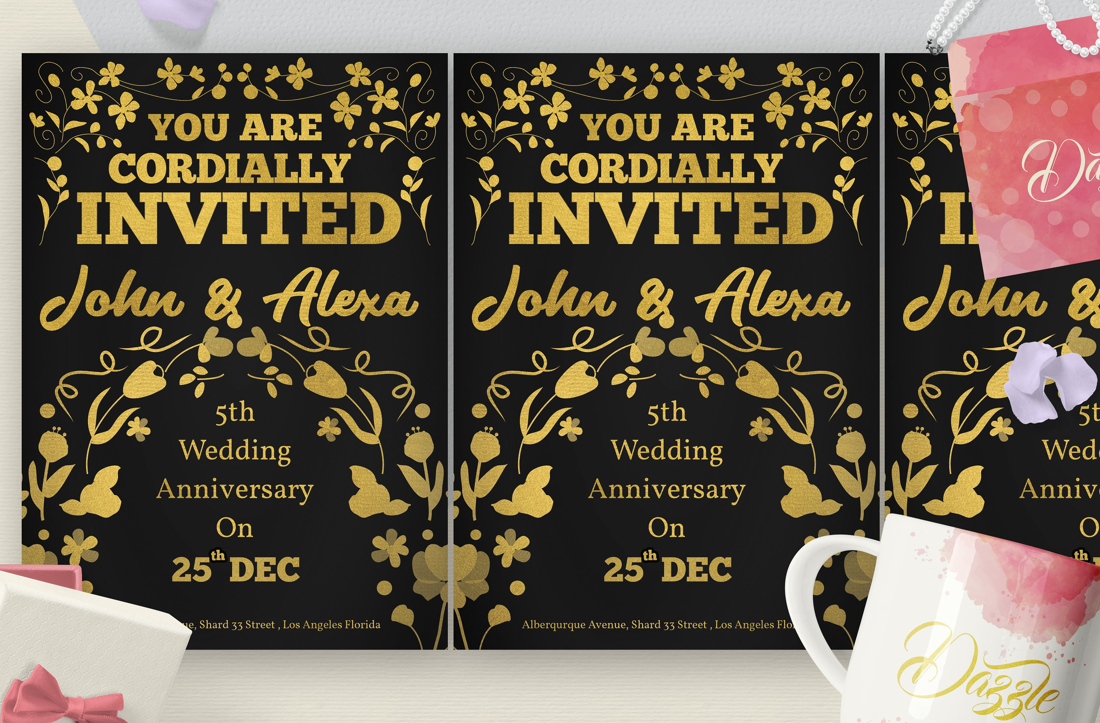 gold floral wedding anniversary invitation