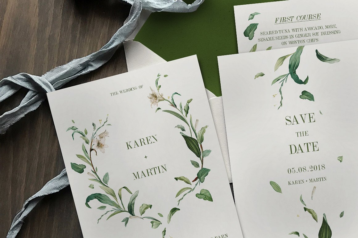 green foliage wedding invitation