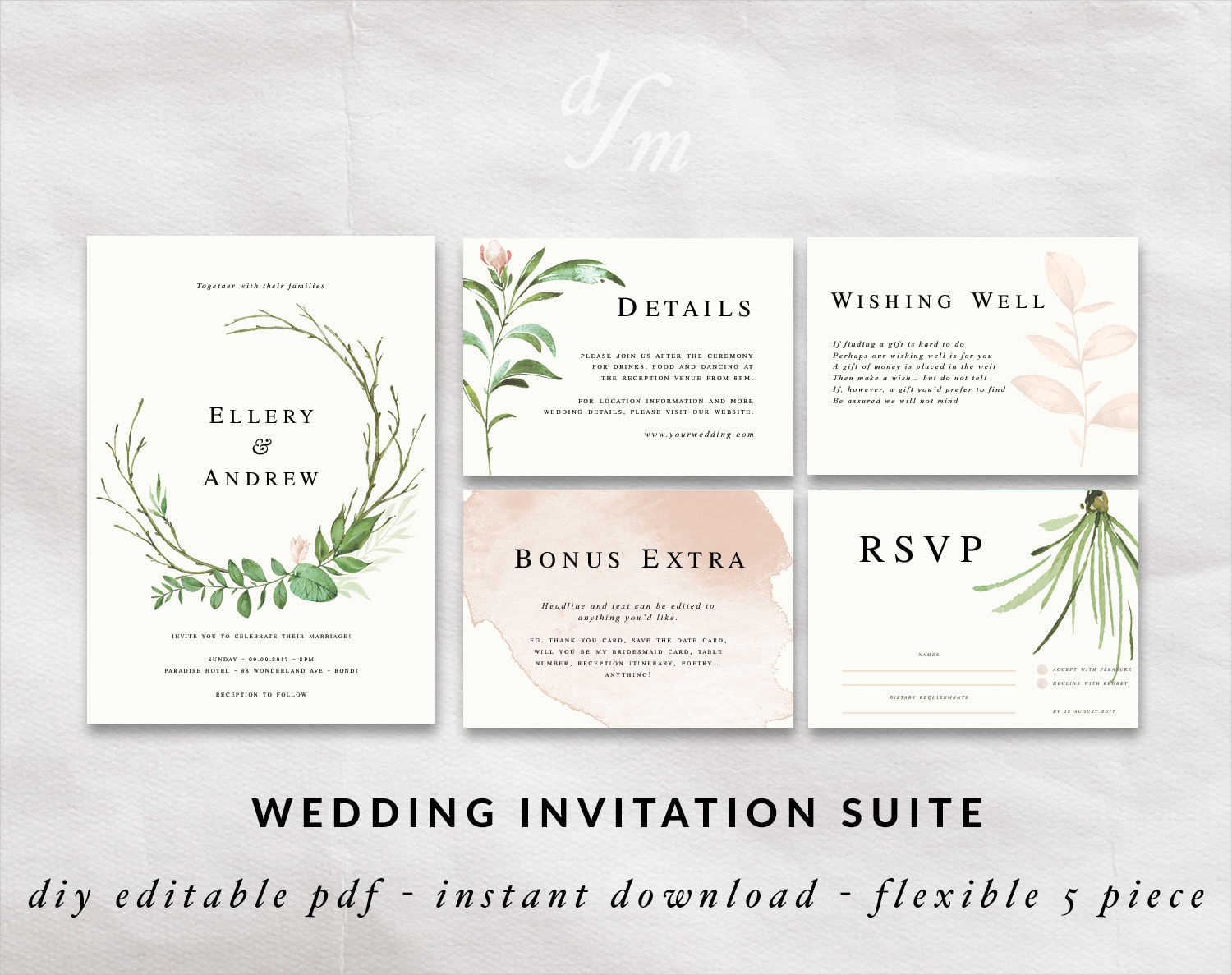 green watercolor wedding invitation
