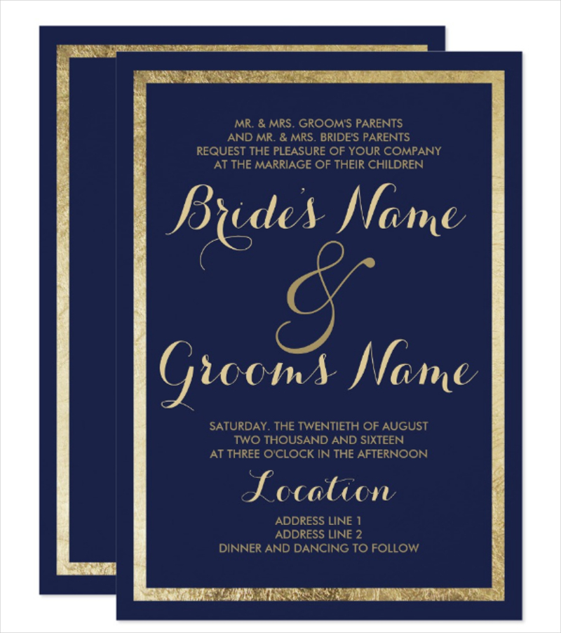 modern navy blue faux gold wedding invitation