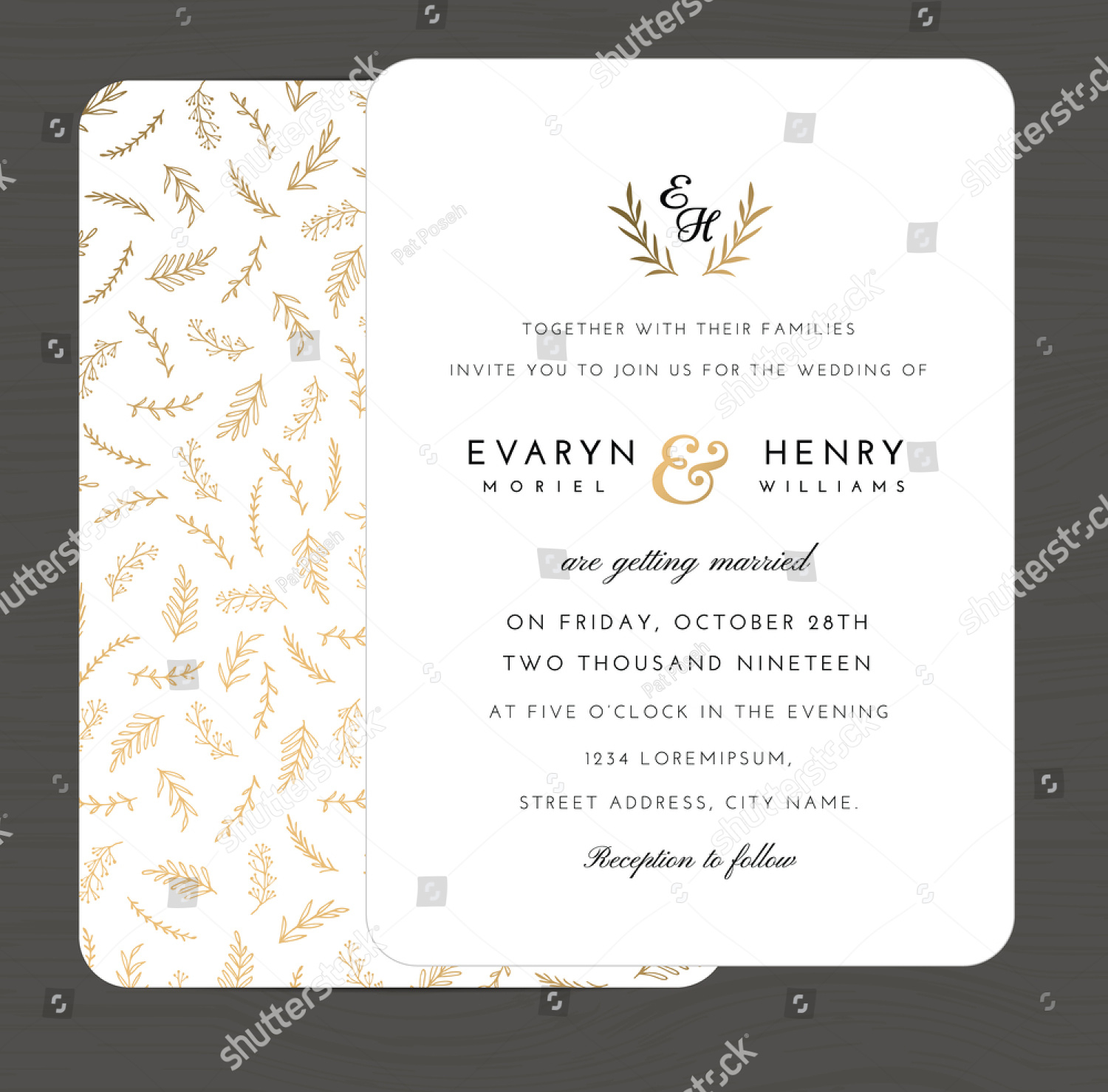 modern white and gold colors wedding invitation