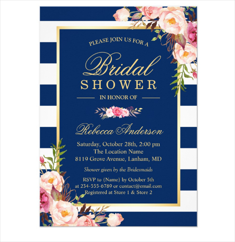 navy blue stripes floral wedding bridal shower invitation